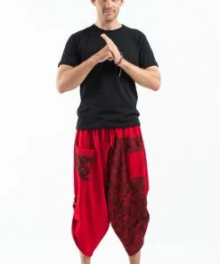 HaremPants.com Two Tone Leaves Prints Men's Three Quarter Pants In Red