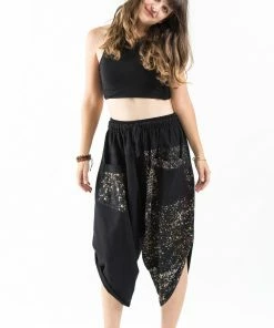HaremPants.com Two Tone Splatter Prints Women's Three Quarter Pants In Black