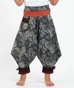 HaremPants.com Thai Hill Tribe And Traditional Fabric Paisley Thai Hill Tribe Fabric Kids Harem Pants With Ankle Straps In Black