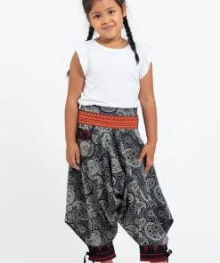 HaremPants.com Thai Hill Tribe And Traditional Fabric Paisley Thai Hill Tribe Fabric Kids Harem Pants With Ankle Straps In Black