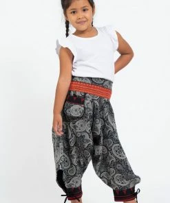 HaremPants.com Thai Hill Tribe And Traditional Fabric Paisley Thai Hill Tribe Fabric Kids Harem Pants With Ankle Straps In Black