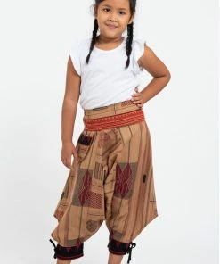 HaremPants.com Thai Hill Tribe Fabric Kids Harem Pants With Ankle Straps In Beige