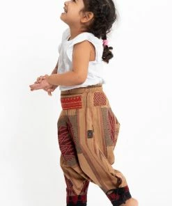 HaremPants.com Thai Hill Tribe Fabric Kids Harem Pants With Ankle Straps In Beige