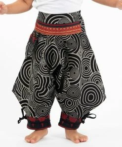 HaremPants.com Thai Hill Tribe And Traditional Fabric Swirls Prints Thai Hill Tribe Fabric Kids Harem Pants With Ankle Straps In Black