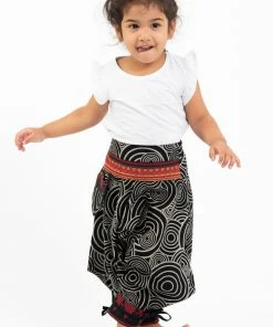 HaremPants.com Thai Hill Tribe And Traditional Fabric Swirls Prints Thai Hill Tribe Fabric Kids Harem Pants With Ankle Straps In Black