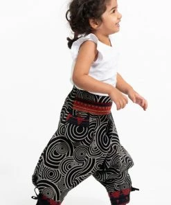HaremPants.com Thai Hill Tribe And Traditional Fabric Swirls Prints Thai Hill Tribe Fabric Kids Harem Pants With Ankle Straps In Black