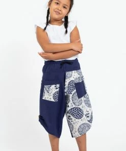 HaremPants.com Two Tone Paisley Prints Kids Three Quarter Pants In Blue