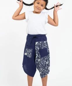 HaremPants.com Two Tone Cats Prints Kids Three Quarter Pants In Blue