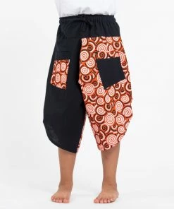 HaremPants.com Summer Super Sale 2022 Two Tone Spirals Prints Kids Three Quarter Pants In Black