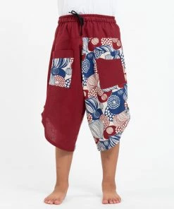 HaremPants.com Two Tone Leaves Prints Kids Three Quarter Pants In Red Thai Hill Tribe And Traditional Fabric