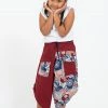 HaremPants.com Two Tone Leaves Prints Kids Three Quarter Pants In Red Thai Hill Tribe And Traditional Fabric