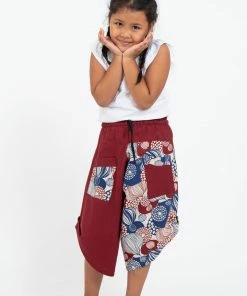 HaremPants.com Two Tone Leaves Prints Kids Three Quarter Pants In Red Thai Hill Tribe And Traditional Fabric