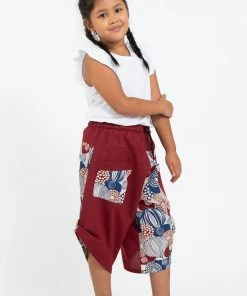 HaremPants.com Two Tone Leaves Prints Kids Three Quarter Pants In Red Thai Hill Tribe And Traditional Fabric