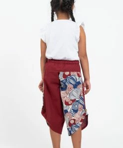HaremPants.com Two Tone Leaves Prints Kids Three Quarter Pants In Red Thai Hill Tribe And Traditional Fabric
