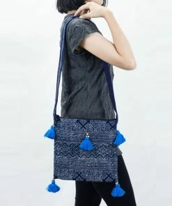 HaremPants.com Blue Harem Pants Hmong Indigo Batik Crossbody Sling Bag With Blue Tassels