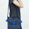 HaremPants.com Blue Harem Pants Hmong Indigo Batik Crossbody Sling Bag With Blue Tassels