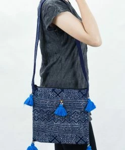 HaremPants.com Blue Harem Pants Hmong Indigo Batik Crossbody Sling Bag With Blue Tassels