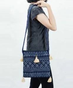HaremPants.com Hmong Indigo Batik Crossbody Sling Bag With Cream Tassels