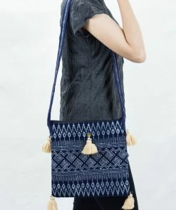 HaremPants.com Hmong Indigo Batik Crossbody Sling Bag With Cream Tassels