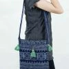 HaremPants.com Hmong Indigo Batik Crossbody Sling Bag With Green Tassels Green Harem Pants