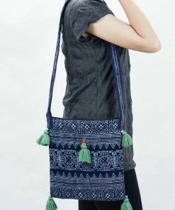 HaremPants.com Hmong Indigo Batik Crossbody Sling Bag With Green Tassels Green Harem Pants