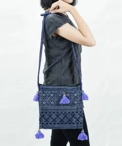HaremPants.com Hmong Batik Hmong Indigo Batik Crossbody Sling Bag With Violet Tassels