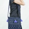 HaremPants.com Hmong Batik Hmong Indigo Batik Crossbody Sling Bag With Violet Tassels