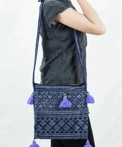 HaremPants.com Hmong Batik Hmong Indigo Batik Crossbody Sling Bag With Violet Tassels