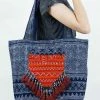 HaremPants.com Hmong Indigo Batik And Embroidered Tote Bag With Brown Tassels Hmong Batik