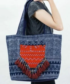 HaremPants.com Hmong Indigo Batik And Embroidered Tote Bag With Brown Tassels Hmong Batik