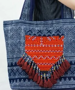 HaremPants.com Hmong Indigo Batik And Embroidered Tote Bag With Brown Tassels Hmong Batik