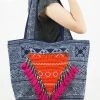 HaremPants.com Hmong Indigo Batik And Embroidered Tote Bag With Pink Tassels Pink Harem Pants