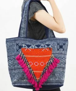 HaremPants.com Hmong Indigo Batik And Embroidered Tote Bag With Pink Tassels Pink Harem Pants