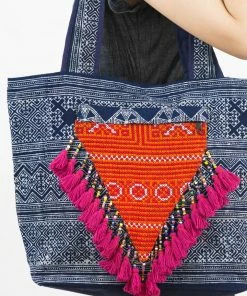 HaremPants.com Hmong Indigo Batik And Embroidered Tote Bag With Pink Tassels Pink Harem Pants