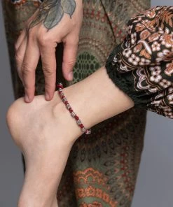 HaremPants.com Hand Made Fair Trade Anklet Waxed Cotton Silver Beads Maroon Handmade Anklets