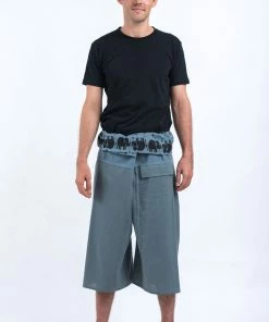 HaremPants.com Men's Cropped Fisherman Pants With Pattern Waist Band In Blue Gray