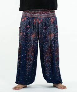 HaremPants.com Plus Size Peacock Feathers Men's Harem Pants In Blue