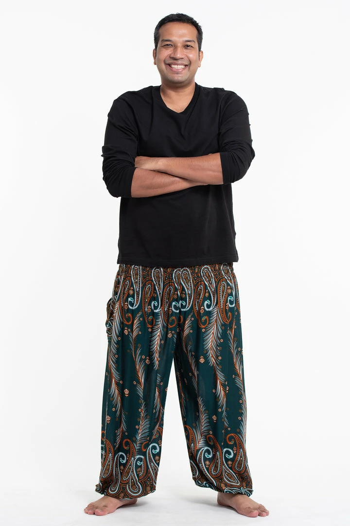 HaremPants.com Plus Size Paisley Feathers Men's Harem Pants In Green 3 HaremPants.com Plus Size Paisley Feathers Men's Harem Pants In Green