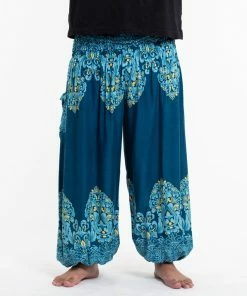 HaremPants.com Plus Size Floral Vines Men's Harem Pants In Turquoise