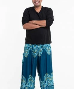 HaremPants.com Plus Size Floral Vines Men's Harem Pants In Turquoise
