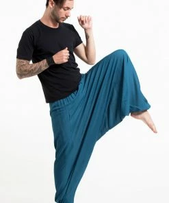 HaremPants.com Solid Color Drop Crotch Men's Harem Pants In Aqua Blue