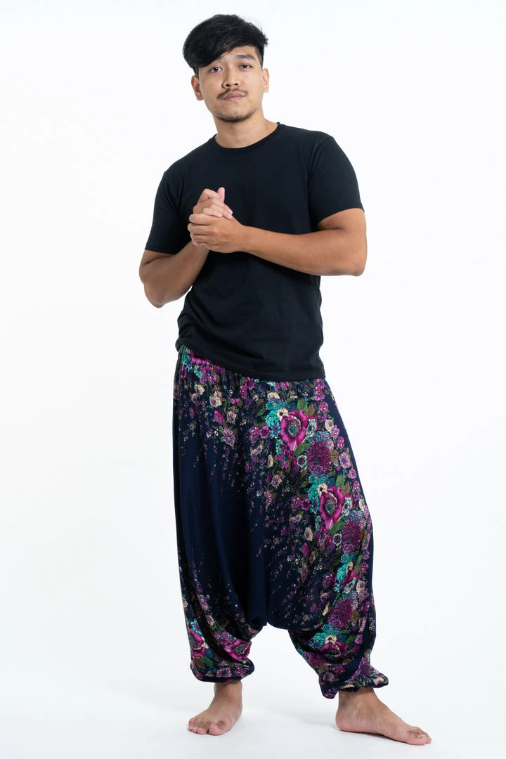 HaremPants.com Floral Drop Crotch Men's Harem Pants In Blue 3 HaremPants.com Floral Drop Crotch Men's Harem Pants In Blue