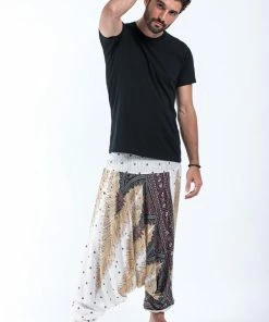 HaremPants.com Peacock Feathers Drop Crotch Men's Harem Pants In White