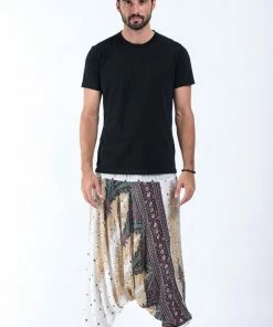 HaremPants.com Peacock Feathers Drop Crotch Men's Harem Pants In White