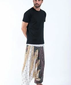 HaremPants.com Peacock Feathers Drop Crotch Men's Harem Pants In White