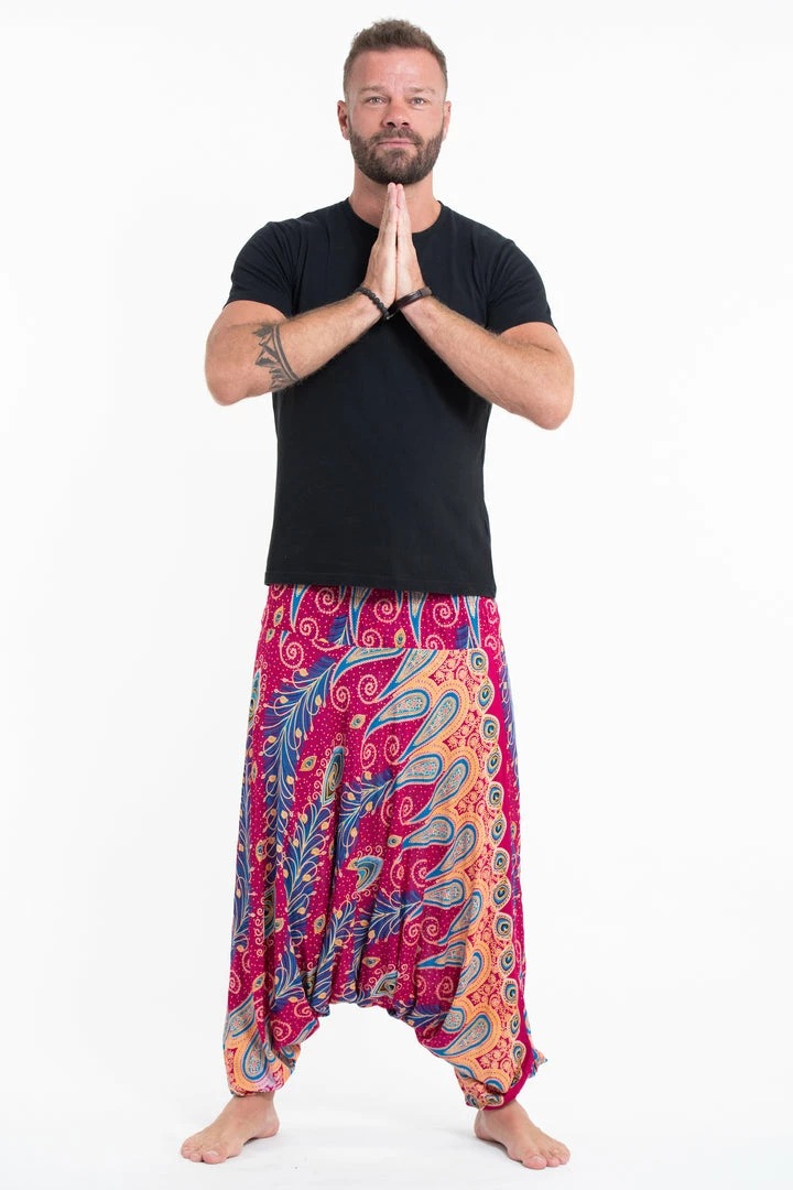 HaremPants.com Peacock Paisley Drop Crotch Men's Harem Pants In Pink 3 HaremPants.com Peacock Paisley Drop Crotch Men's Harem Pants In Pink