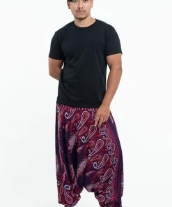 HaremPants.com Paisley Feathers Drop Crotch Men's Harem Pants In Purple