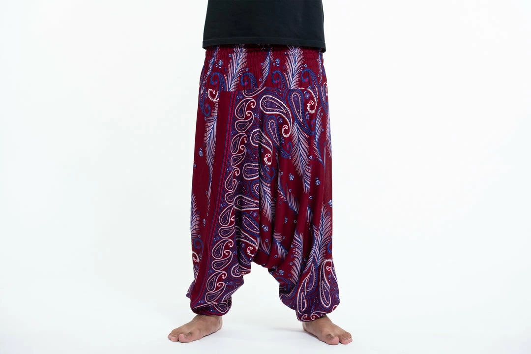 HaremPants.com Paisley Feathers Drop Crotch Men's Harem Pants In Red 4 HaremPants.com Paisley Feathers Drop Crotch Men's Harem Pants In Red