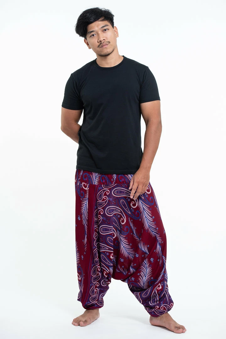 HaremPants.com Paisley Feathers Drop Crotch Men's Harem Pants In Red 5 HaremPants.com Paisley Feathers Drop Crotch Men's Harem Pants In Red