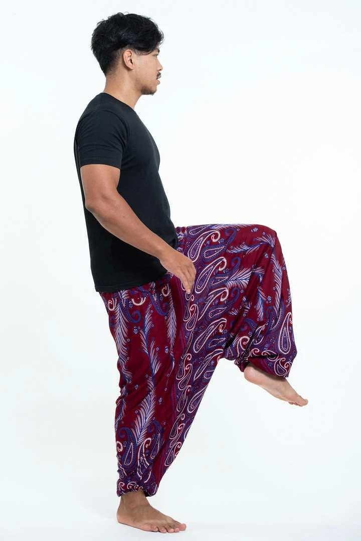 HaremPants.com Paisley Feathers Drop Crotch Men's Harem Pants In Red 3 HaremPants.com Paisley Feathers Drop Crotch Men's Harem Pants In Red